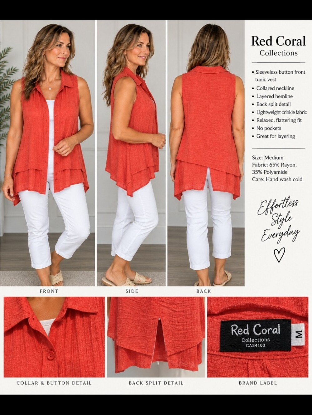 Red Coral Collections Asymmetrical Button Tunic Vest – M